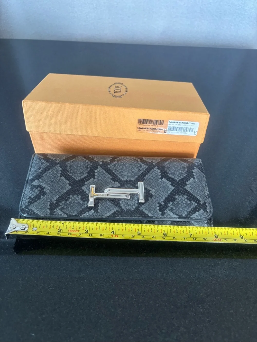 Authentic TOD'S Double T Black & Gray Python Embossed Leather Wallet- with box
